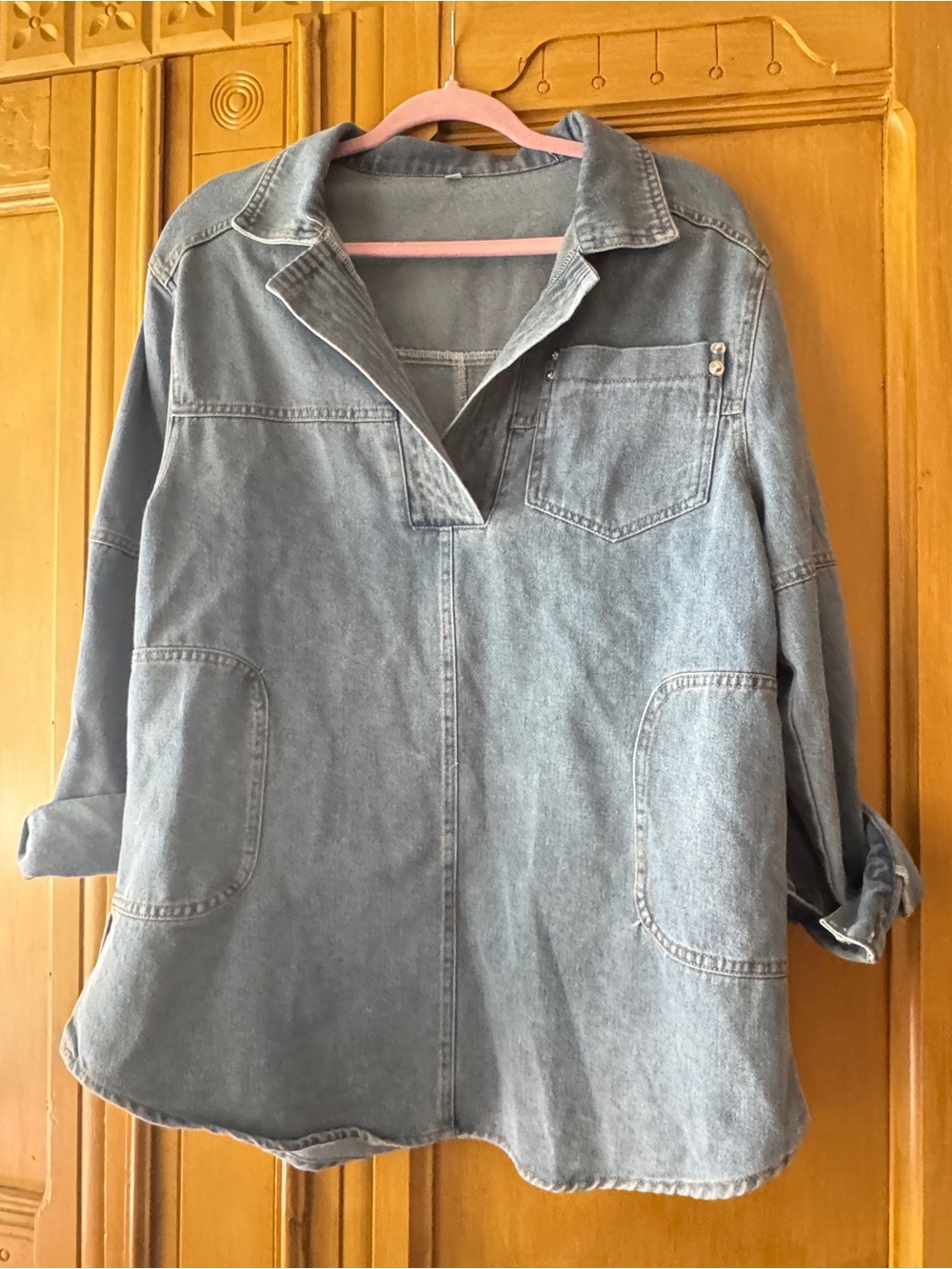 Women’s Oversized Denim Tunic Top Pullover Chambray Shirt Pockets Casual Medium